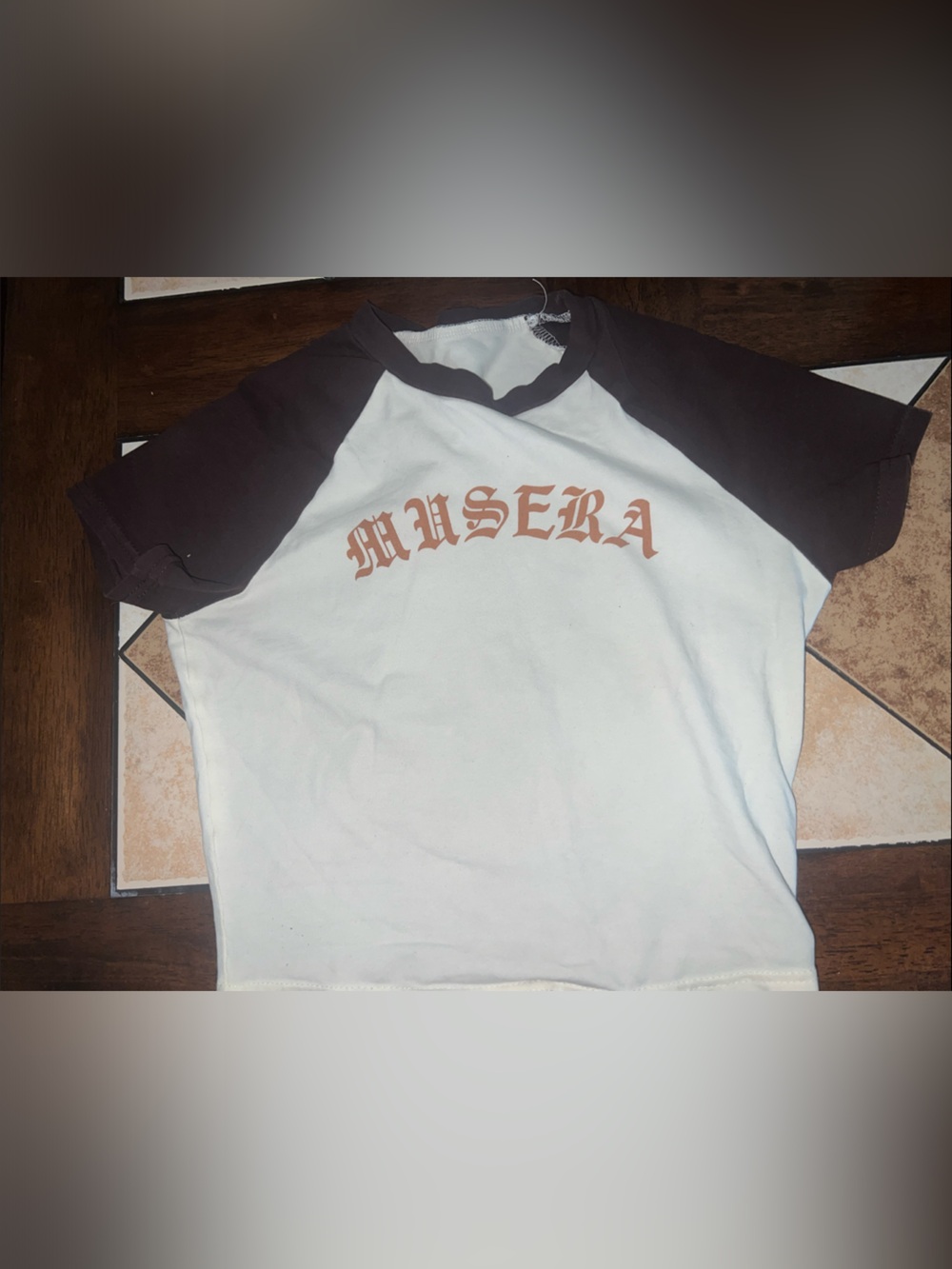 SHEIN White Crop Tee with Dark Brown Raglan Sleeves and Rust Print